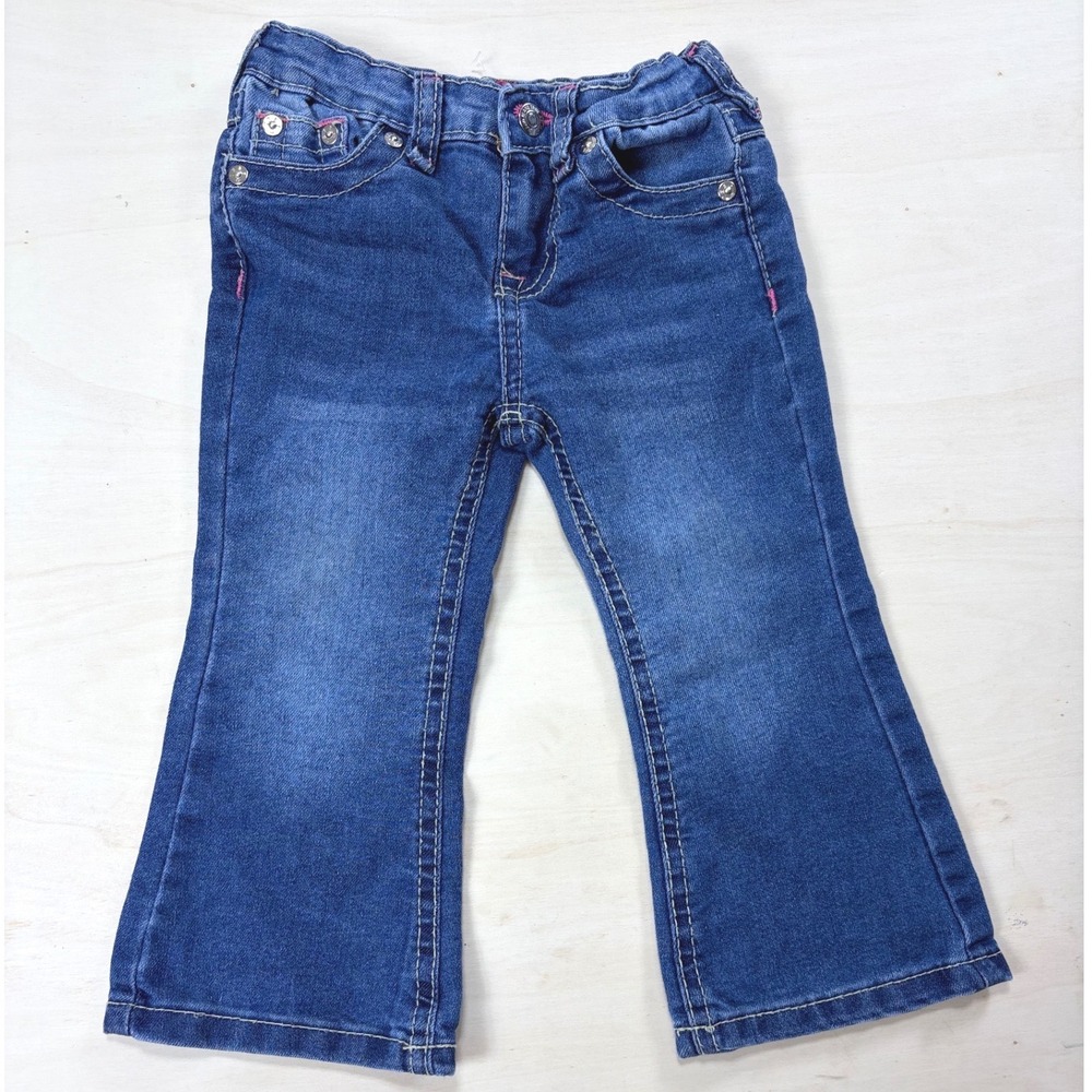 True Religion Toddler Girls Pink Horseshoe Stitch Flare Jeans Blue Denim 24M